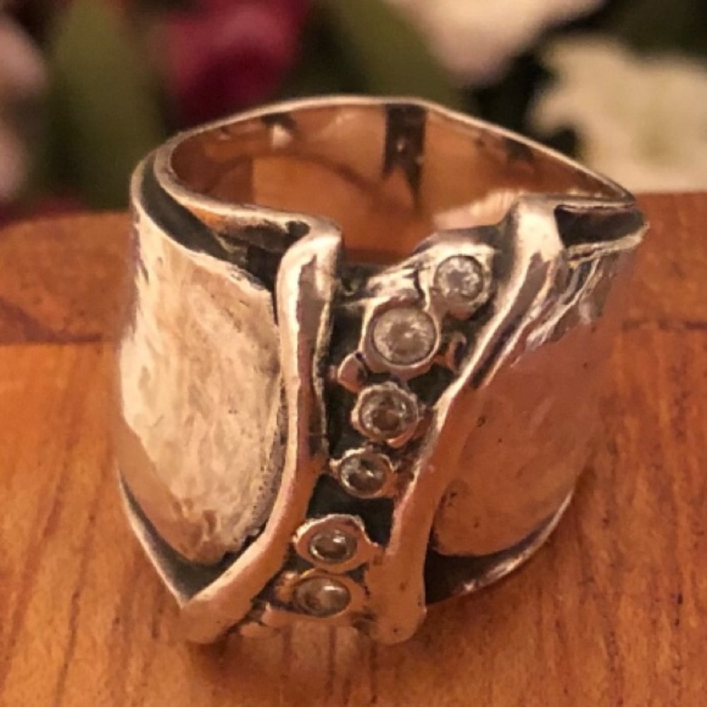 Rare Vintage Silpada Hammered Sterling Silver Six Cubic Zirconia Ring R1441 Sz6